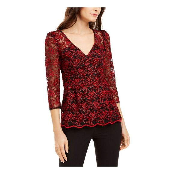 NANETTE LEPORE Tops - NANETTE LEPORE Womens Red Sheer Floral 3/4 Sleeve V Neck Top Size: 12